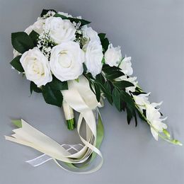 Waterfall Silk Rose Wedding Bouquet for bridesmaids Bridal Bouquets White Artificial Flowers Mariage Supplies Home Decoration310S