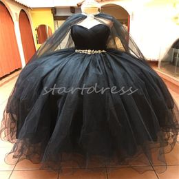 Princess Mexican Black Quinceanera Dresses With Cape Wrap Charro 2024 Vestidos De Xv 15 Anos Puffy Tulle Halloween Costume Prom Photoshoot Horse Sixteen Birthday