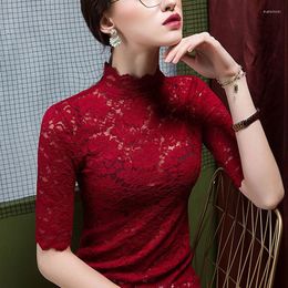 Women's Blouses Woman Spring Summer Style Lace Shirts Lady Casual Turtleneck Short Sleeve Solid Colour Blusas Tops DD9552