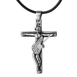 Charms Johnny Hallyday Guitar Cross Pendant 3 Colors Punk Stainless Steel Necklace With Black Rope Chain Men Necklaces Jewelry Gift 230411