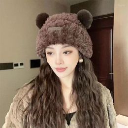 Berets Cute Ear Earmuffs Cap Women Cartoon Bear Protection Hat Solid Colour Plush Beanies Girl Winter Warm Fluffy Fur Headgear