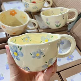 Mugs Ceramic Coffee Cups Hand Pinched Irregular Flower Milk Tea Cup ins korean style Oatmeal Breakfast Mug Drinkware Kitchen 230411