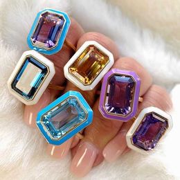 Band Rings 2022 New Arrival Luxury Rectangle Blue Purple Gold Color Engagement Ring for Women Anniversary Gift Jewelry Wholesale P230411