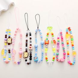 Charm Bracelets Phone Chain Anti-Lost Wrist Straps Handmade Acrylic Boho Lanyard Keychain Beaded Colourful Decorate Hanging Cord Universal