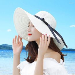Wide Brim Hats HT1679 Fashion Straw Hat Female Sun Ladies Solid Black Ribbon Bow Floppy Beach Women Packable Summer