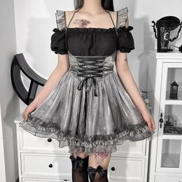 Casual Dresses Kawaii Corset Lolita Dress Harajuku Grunge Ruffles High Waist Bandage A-line Mini Gothic Mall Goth Emo Alt Clothes