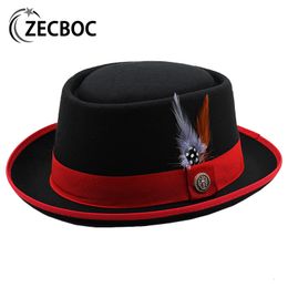 Wide Brim Hats Bucket Hats Pork Pie Hat Mens Wide Brim Wool Felt Jazz Fedora Hat With Feather Gentleman Classic Church Wedding Panama Luxury Hats For Women 230410