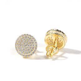 Hip Hop Screwback Stud Earrings S925 Silver Double Layers White Zircon Jewelry 18K Real Gold Plated