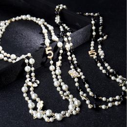 Beaded Necklaces Trendy Long Pearls Necklace for women Flower Number 5 Necklace Layered Sweater Necklaces Camellia Flower Collares Party