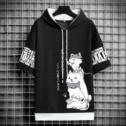 QNPQYX New Japan Fashion Men's Hoodies Summer Men Clothing Cartoon Short Sleeve Sweatshirts Men Casual Harajuku Streetwear Print Hooded Top