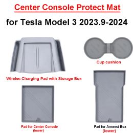 for Tesla Model 3 Highland 2024 Center Console Protector Mat Storage Organizer Tray Wireless Charge Pad Cup Gray Accessories