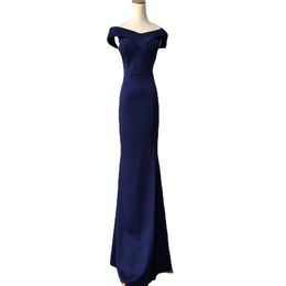 Fit Elastic Navy Evening Dress Mermaid Side Sleeves Formal Gown Split Off the Shoulder Crisscross Stretch Prom Women Party Dress