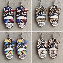 Dangle Chandelier July 4 American Independence Day Female Skull Earrings Leopard Print Tiedyed Baseball Softball Sports Wooden Earrings Jewellery Z0411