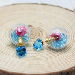 Stud Earrings 2023 Design Summer Style Dried Flowers Transparent Glass Crystal Ball Square Drill Double Side For Women