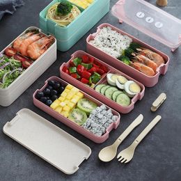Dinnerware Sets Creative Convenient And Fast Wheat Three-layer Lunch Box 1.1L Office Microwavable Japanese Bento Takeaway Cutlery