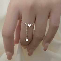 Band Rings Fashion Simple Heart Circle Chain Drawable Rings For Women Girls Silver Colour Adjustable Chain Tassel Rings Punk Jewellery Gift P230411