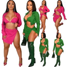 Work Dresses Sexy Party Dress Suit Women's Button Up Tops Bra Side Mini Skirts Solid Color Matching Two 2 Piece Set Outfits