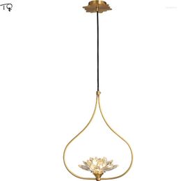 Pendant Lamps Chinese Zen Art Luxury Copper Lotus Lights Crystal K9 Gold Lustre Restaurant Bar Bedside Hallway Study Tea Room