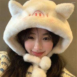 Berets Winter Warm Plush Hat Fashion Thickened Windproof Ear Protection Cute Pig Cold-proof Bonnet Caps Riding