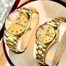 Wristwatches OLEVS 2023 Luxury Stainless Steel Lover Watches Fashion Gold Quartz for Men and Woman Couple Lover's Wristwatch 230410