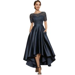 Navy Blue Satin Prom Dresses O-Neck Lace Short Sleeve Asymmetrical Sexy Party Gowns