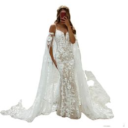 SoDigne Mermaid Wedding Dresses Lace Spaghetti Strap Soft Tulle Backless Bridal Gowns With Shawl Bride dress with Train