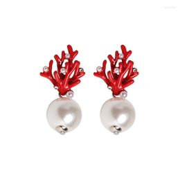 Stud Earrings Women Acrylic Coral Enamel Red Resin Antlers Pearl Fashion Jewellery