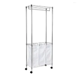 Laundry Bags Urban Triple Sorter Rolling Dirty Basket With Hanging Spce