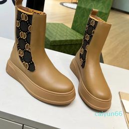 Comfortable Ankle Boots for women with flat bottoms boot with elastic fabric stitching genuine leather thick soles round toe cuffs casual