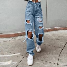 Women's Jeans Women's Urban Fashion High Waist With Pockets Thin Wide Leg Casual Female Extended Loose Blue Denim Pants