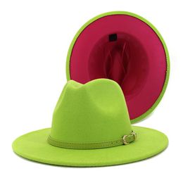 2020 Fashion Outer Lime Green Inner Rosy Patchwork Womens Wide Brim Felt Hats Lady Panama Vintage Unisex Fedora Hat Jazz Cap L XL242P