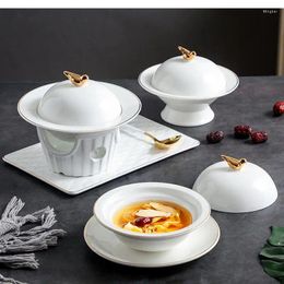 Bowls European-style Phnom Penh Ceramic Dessert Bowl With Lid Round 200ml Storage Tray Creative Handicraft White Tableware Supplies