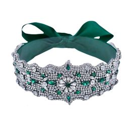 YouLaPan S233-LG Handmade Rhinestone Emerald Applique Belt Green Dress Waist Decoration Wedding Party Evening Ribbon Belt Sash