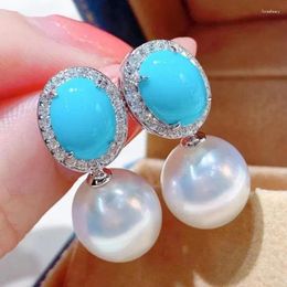 Dangle Earrings Exquisite Fashion Jewelry 925 Silver Needle Blue Stone White Pearl Birthstone Bride Princess Wedding Engagement Earring