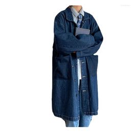 Men's Trench Coats Men's Denim Long Coat Street Style Loose Blue Windbreaker