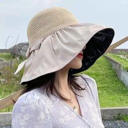 Wide Brim Hats Women Summer Black Glue Coated Bow Sunshade Hat Uv Proof Large Eaves Hollowed Out Sunscreen Fisherman