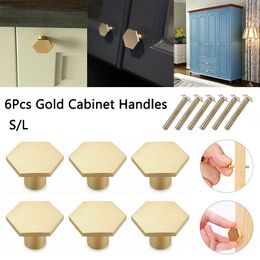 Handles Pulls 6 Pcs Gold Cabinet Knobs Hexagon Solid Brass Drawer Dresser with 6 Pieces Screw Kitchen Hardware 230410