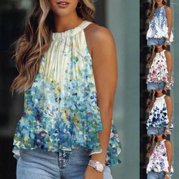 Women's Blouses Women Suitable Halter Shirt Elegant Print Sleeveless Tank Top Ruffle Tail Summer Flowy Tunic