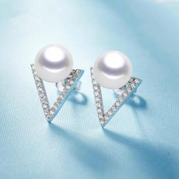Stud Earrings S925 Sterling Silver Natural Pearl Triangle For Women 8-9mm Perfect Real