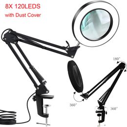 Magnifying Glasses 120LED Magnifying Glass with Light and Dust Cover 8X Illuminated Magnifier 3 Colour Modes Real Glass LED Desk Lamp for Close Work 230410