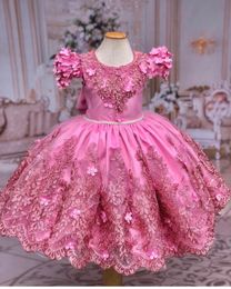 Luxury Pink Ball Gown Flower Girl Dresse Beads Kids Birthday Pageant Gowns with Bow Children Toddler Baby Wedding Guest Dresses