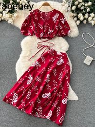 Two Piece Dress Womens Summer Flower Set Sexy Vneck TopLong Print Long Sleeve Design Beach Set Holiday Elastic Waist Two Piece Set 230410