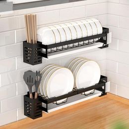 Storage Holders Racks Dish Drainer Suspended Wall Drying Rack Kitchen Sink Organizer Bowl Plate Tableware Shelf with Cutlery Holder Black 230410