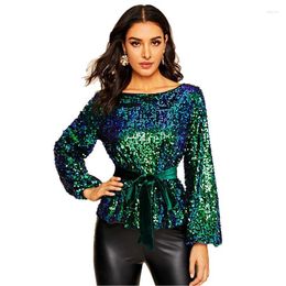 Women's Blouses Fashion Sequin Blouse O Neck Long Sleeve Belt Waist Evening Party T Shirt Clothes For Women