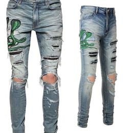 AMR JEANS chino Pants pant Men's trousers Stretch close-fitting slacks washed straight Skinny Embroidery Patchwork Ripped mens Trend Brand Motorcycle JEANS-AMR6611