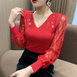 Women's T Shirts #5812 Spring Black Red Knitted Shirt Women V-neck Diamonds Sexy Skinny Women's T-shirt Spliced Lantern Sleeve Korean