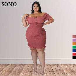 Plus size Dresses Summer Clothes Sexy Solid Color Size for Women One Word Collar Mini Dress Hip Wrap Clubwear Wholesale Drop 230410