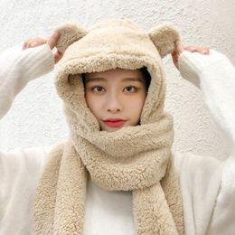 Beanies Beanie/Skull Caps Winter Hats For Women Girls Cute Bear Scarf One Piece Hat Beanie Thick Warm Ear Protect Cap Gorro Bonnet Femme