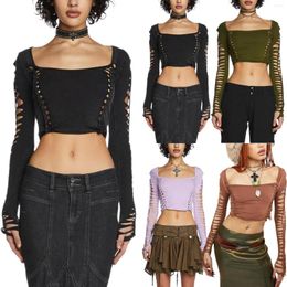 Women's T Shirts Y2K Women Fashion Hollow Out Long Sleeve T-Shirts Square Neck Solid Color Cutout Casual Crop Tops Streetwear