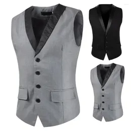 Men's Vests Men Suit Waistcoat Formal Business Top Vest Jacket For Slim Fit Solid Colour Splicing V-neck Single-breasted Pockets